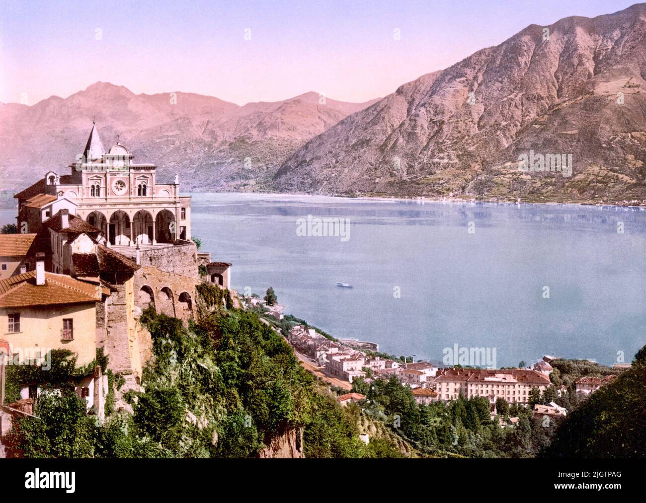 Madonna del Sasso,  Orselina and Lake Maggiore, Locarno, Ticino, Switzerland 1890. Stock Photo
