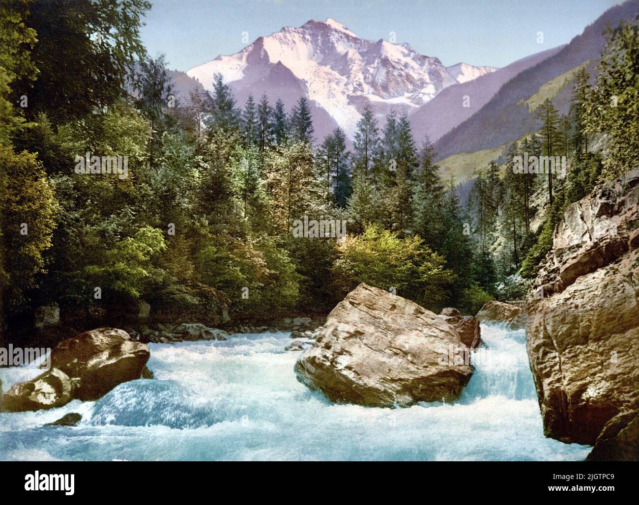 Lütschine River and Jungfrau, Bernese Oberland, Switzerland 1890. Stock Photo