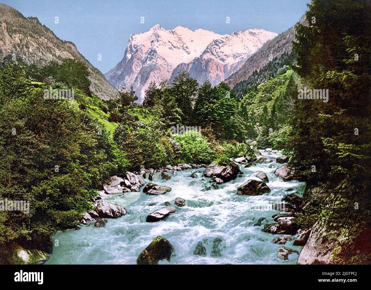 Lütschine River and Wetterhorn, Bernese Oberland, Switzerland 1890. Stock Photo