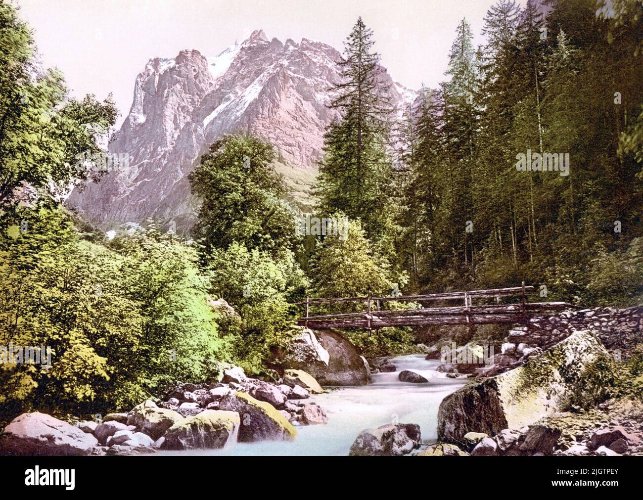 Black Lütschine River and Wetterhorn Mountain, Bernese Oberland, Switzerland 1890. Stock Photo