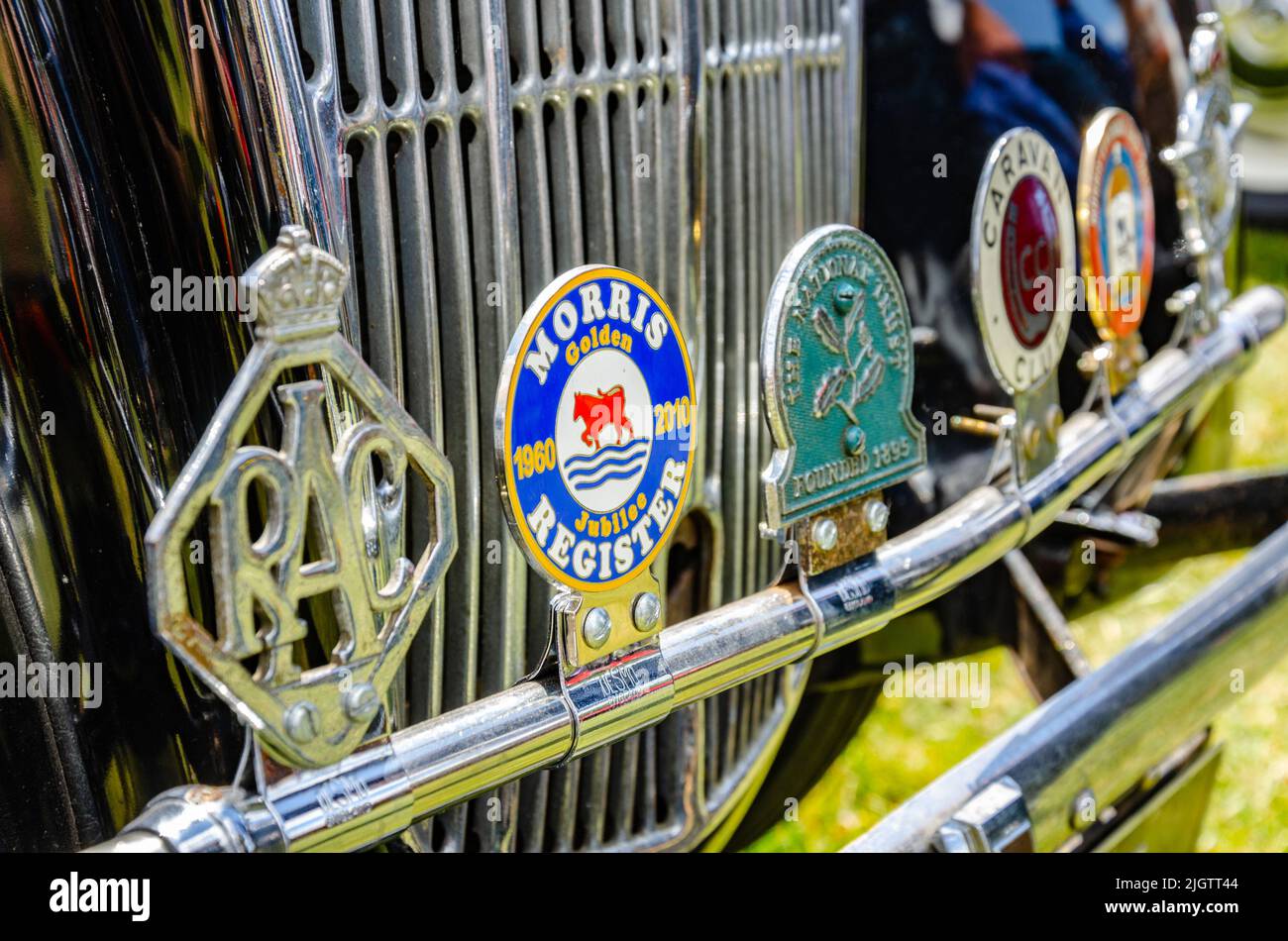 Badges on the front of a vintage Morris Eight Series E car at The Berkshire Motor Show in Reading, UK Stock Photo