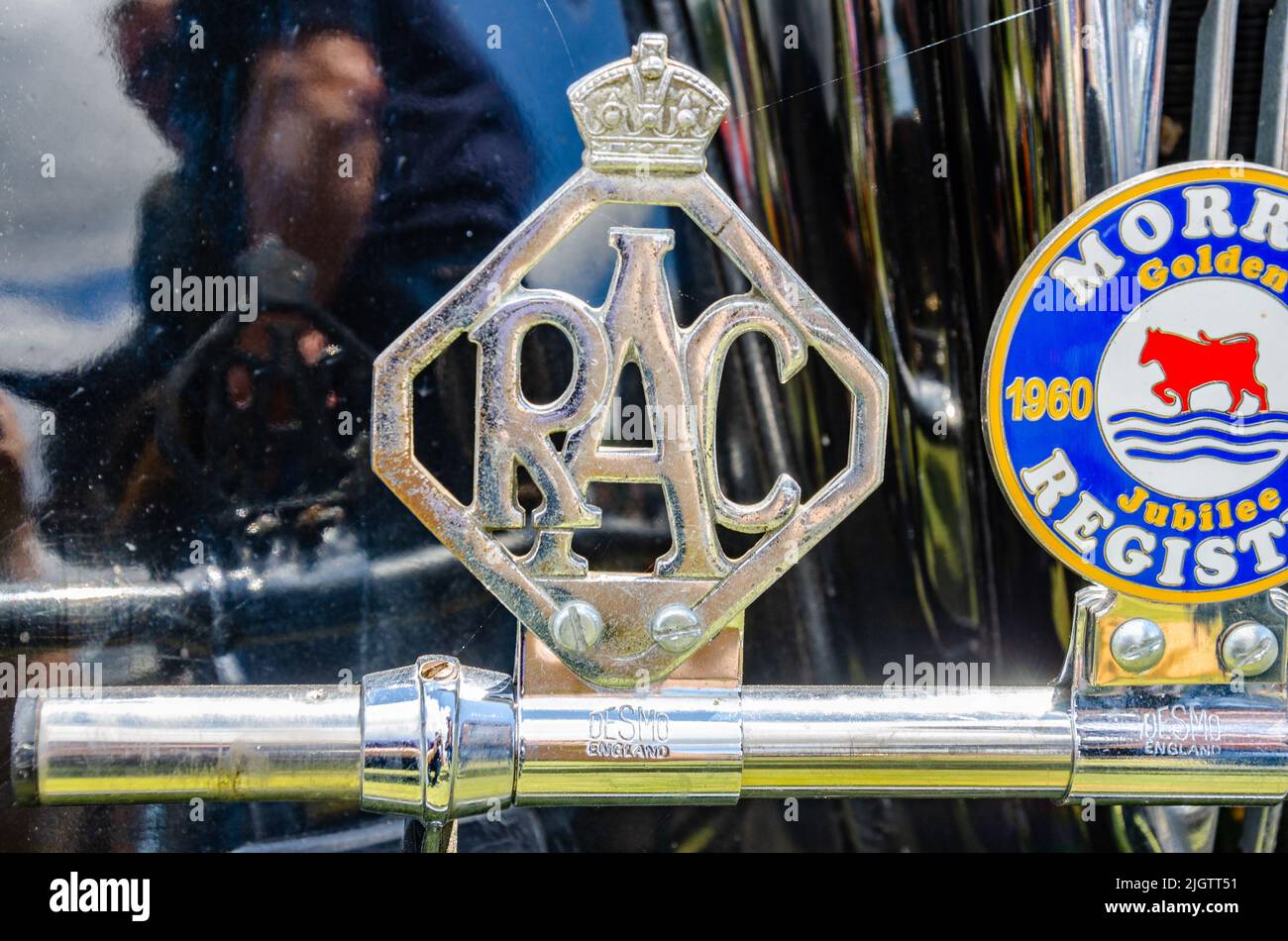 Badges on the front of a vintage Morris Eight Series E car at The Berkshire Motor Show in Reading, UK Stock Photo