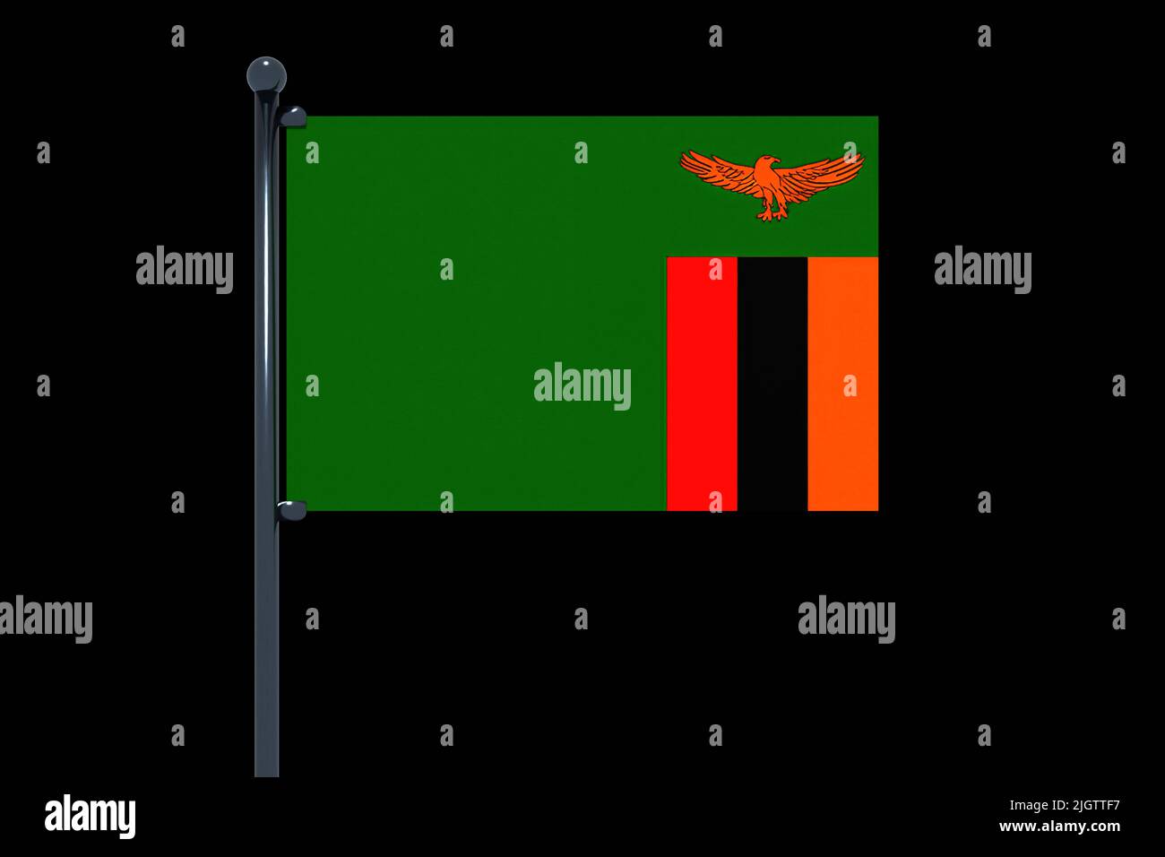 A 3D rendering of Zambia flag with chrome flag pole with snap hooks on ...