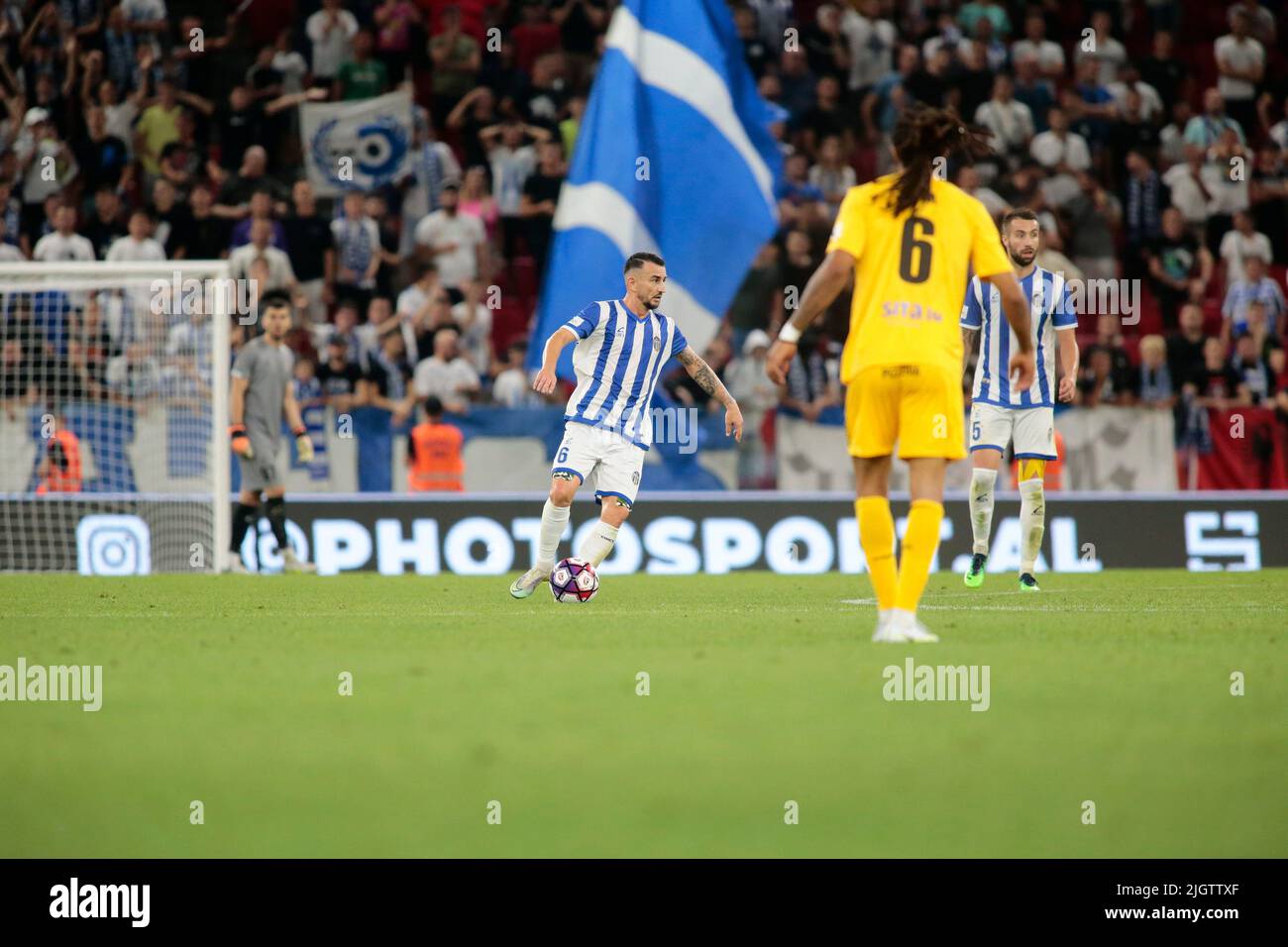 Tirana, Italy. 12th July, 2022. Albano Aleksi of Kf Tirana during the first  round of UEFA Champions League 2022-2023, football match between Kf Tirana  and F91 Dudelange at Air Albania Stadium/Arena Kombetare