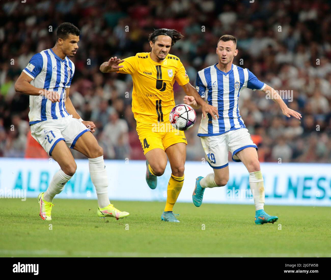 Devid of Kf Tirana, Mehdi Kirch of F91 Dudelange and Redon Xhixha of Kf  Tirana during the first round of UEFA Champions League 2022-2023, football  mat Stock Photo - Alamy