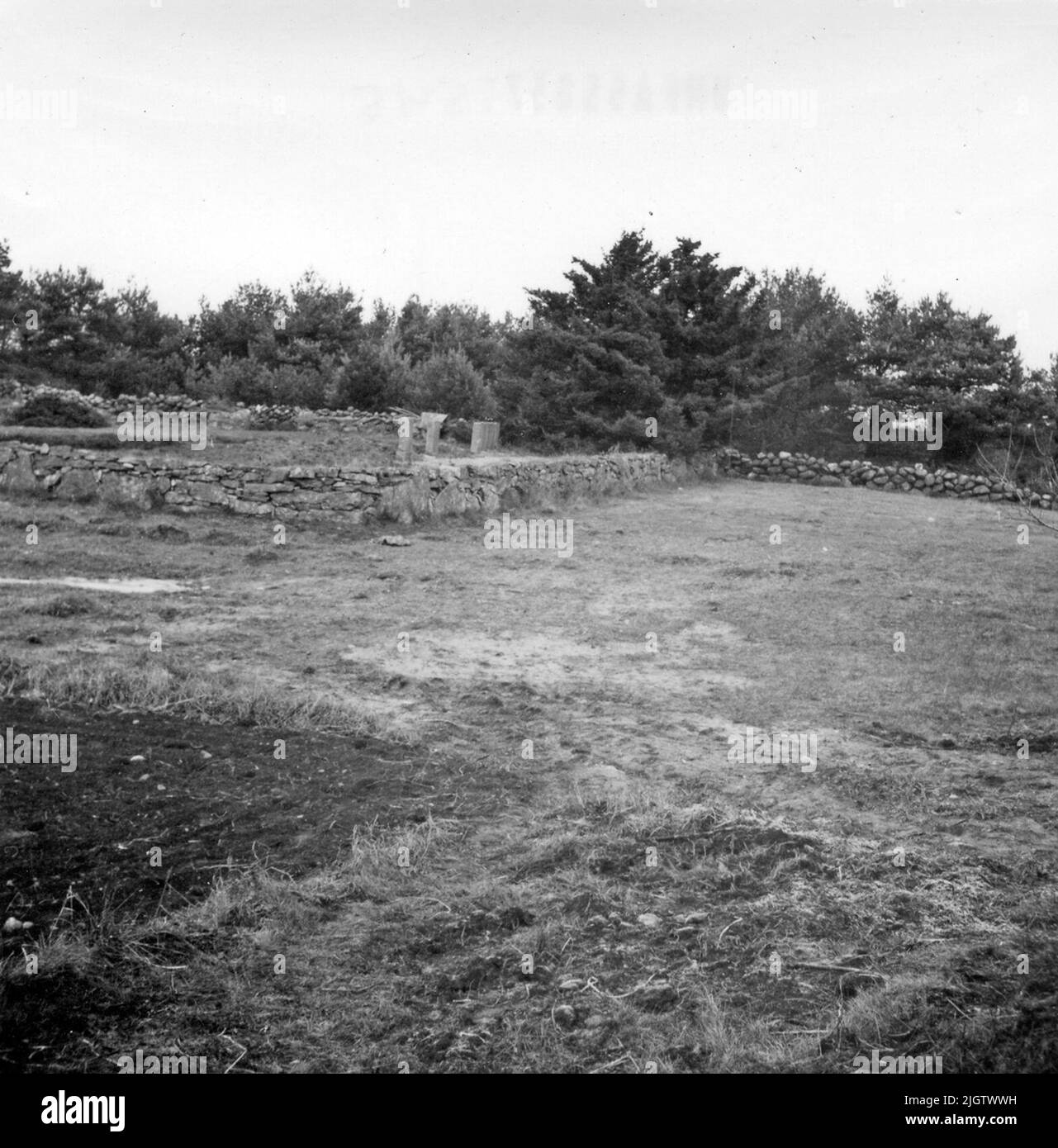 Text to the image: 'Skaftö sn Långedalen. The cholera cemetery at Åse'. On August 22, the first death 'af Cholera Morbus' occurs in Fiskebäckskil. It is the widow Marlena Svensdotter who dies 78 1/2 years old. Until September 16, 78 people die in the same eperic in Fiskebäckskil, ie. About 11 percent of the population dies in less than four weeks. Source: The cholera in Fiskebäckskil in 1834. Stock Photo