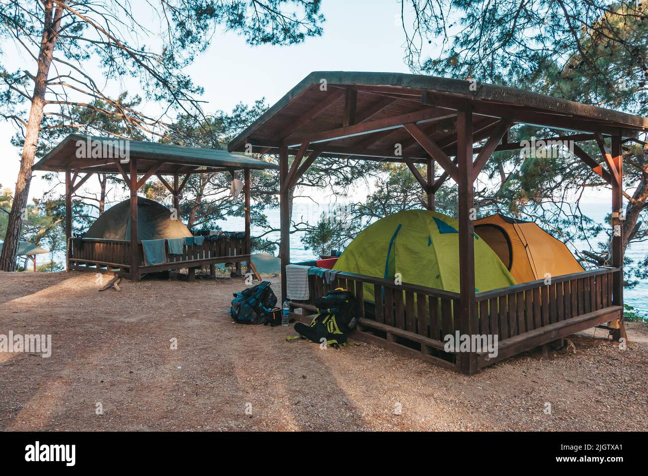 Camping area, camping tent and caravan area, view of sea, yacht and