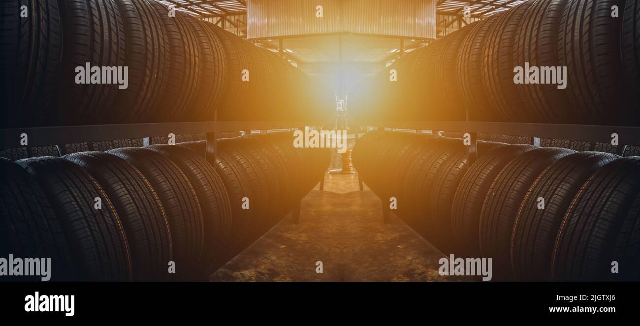 Tires in the racks of tire service garages Stock Photo