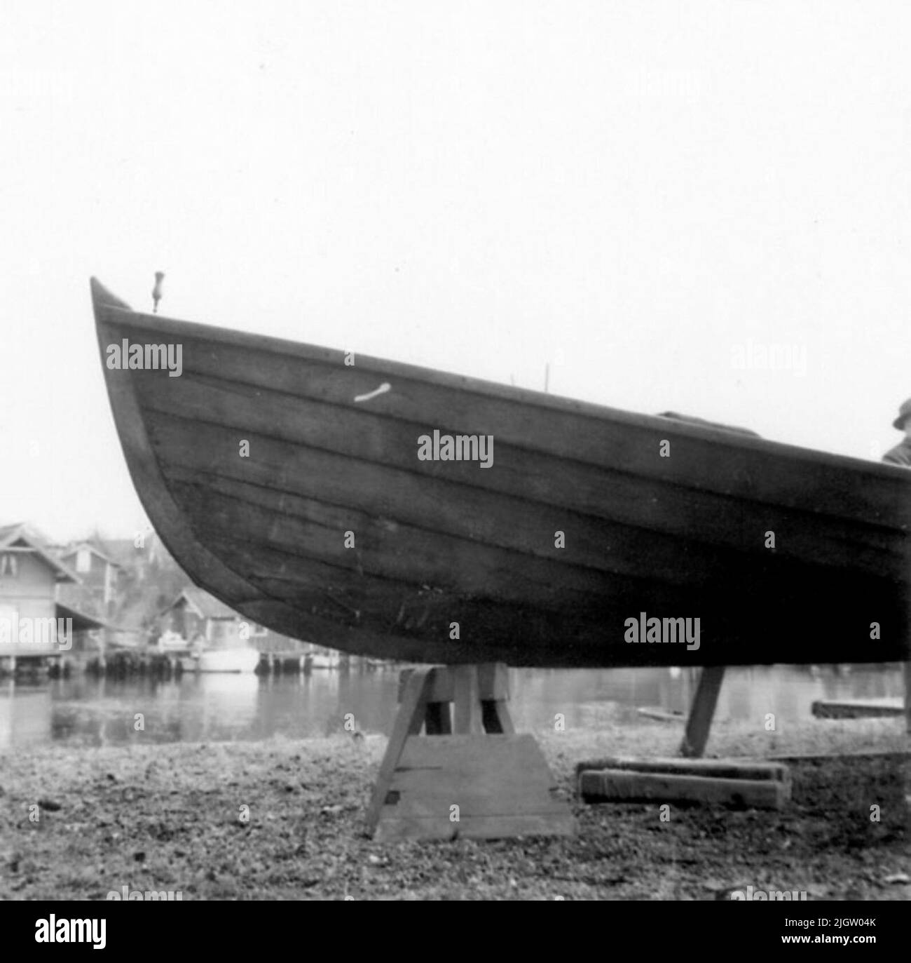 The photo Eat: 1958-11-12-1958-11-13 wing boat built by boat builder Arvid Engström 1901 for fishermen K. F. Juhlberg, both from Vaxholm.stockholms University's course in boat measurement 12-13 Nov. 1958. Stock Photo