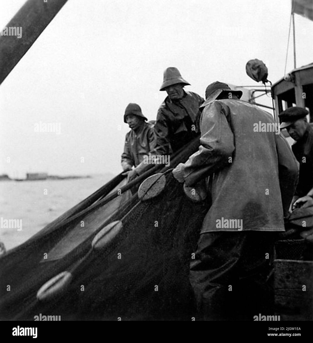 Right: Lars Andersson,?,?, Yngve Vahle. Four people work with the Snörpvaden aboard a fishing boat. Stock Photo