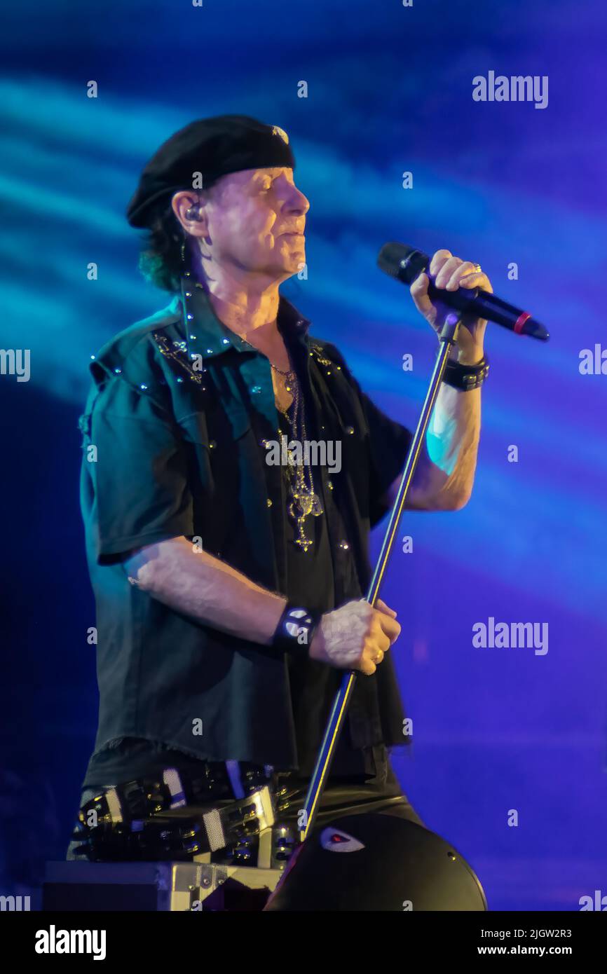 Athens, Greece 6 July 2022. klaus meine portrait while singing with Scorpions at OAKA stadium in Greece. Stock Photo