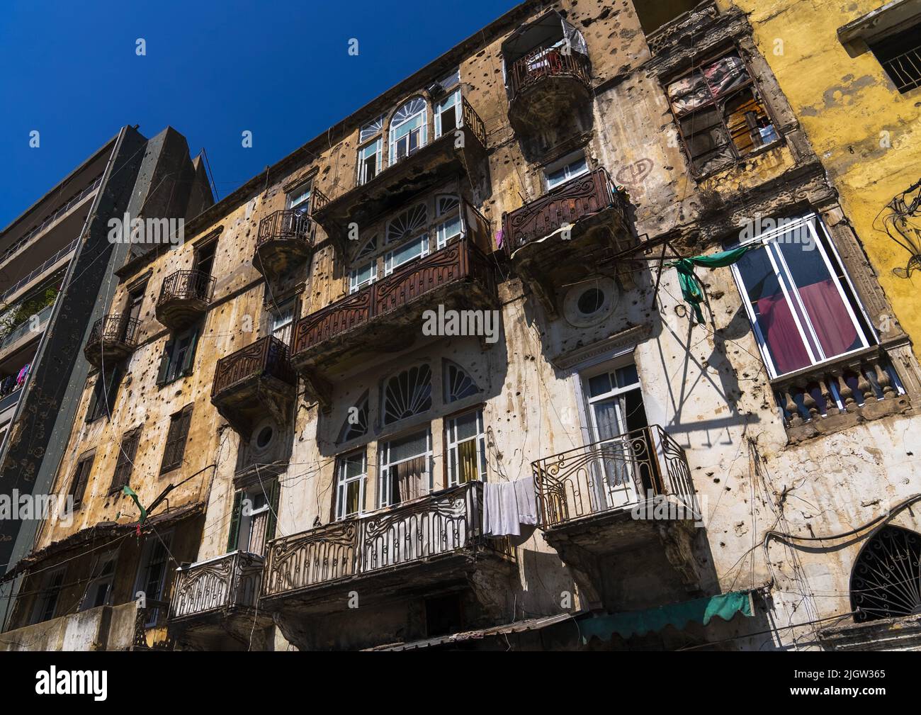 Old heritage building with bullets holes in the city, Beirut Governorate, Beirut, Lebanon Stock Photo