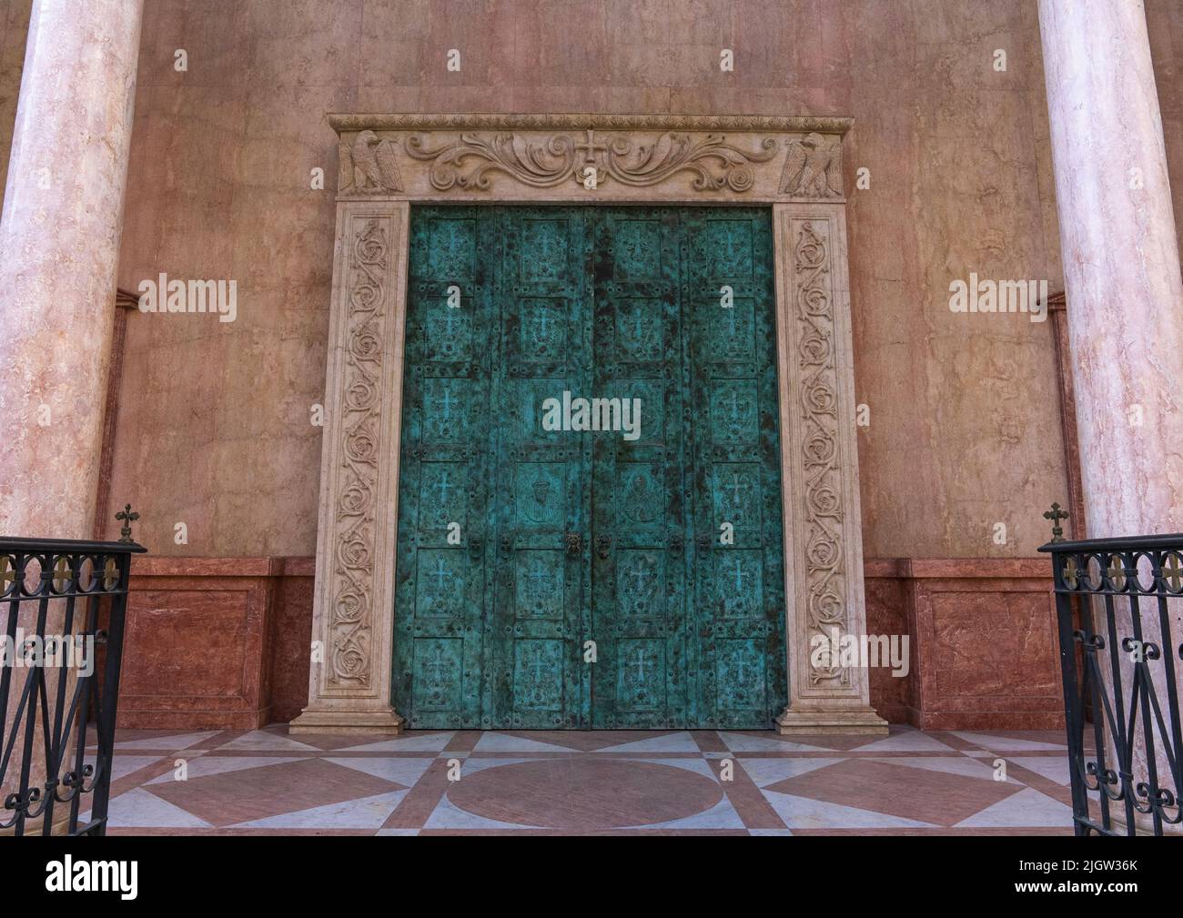 Green door of Saint Antoine church, Beirut Governorate, Beirut, Lebanon Stock Photo