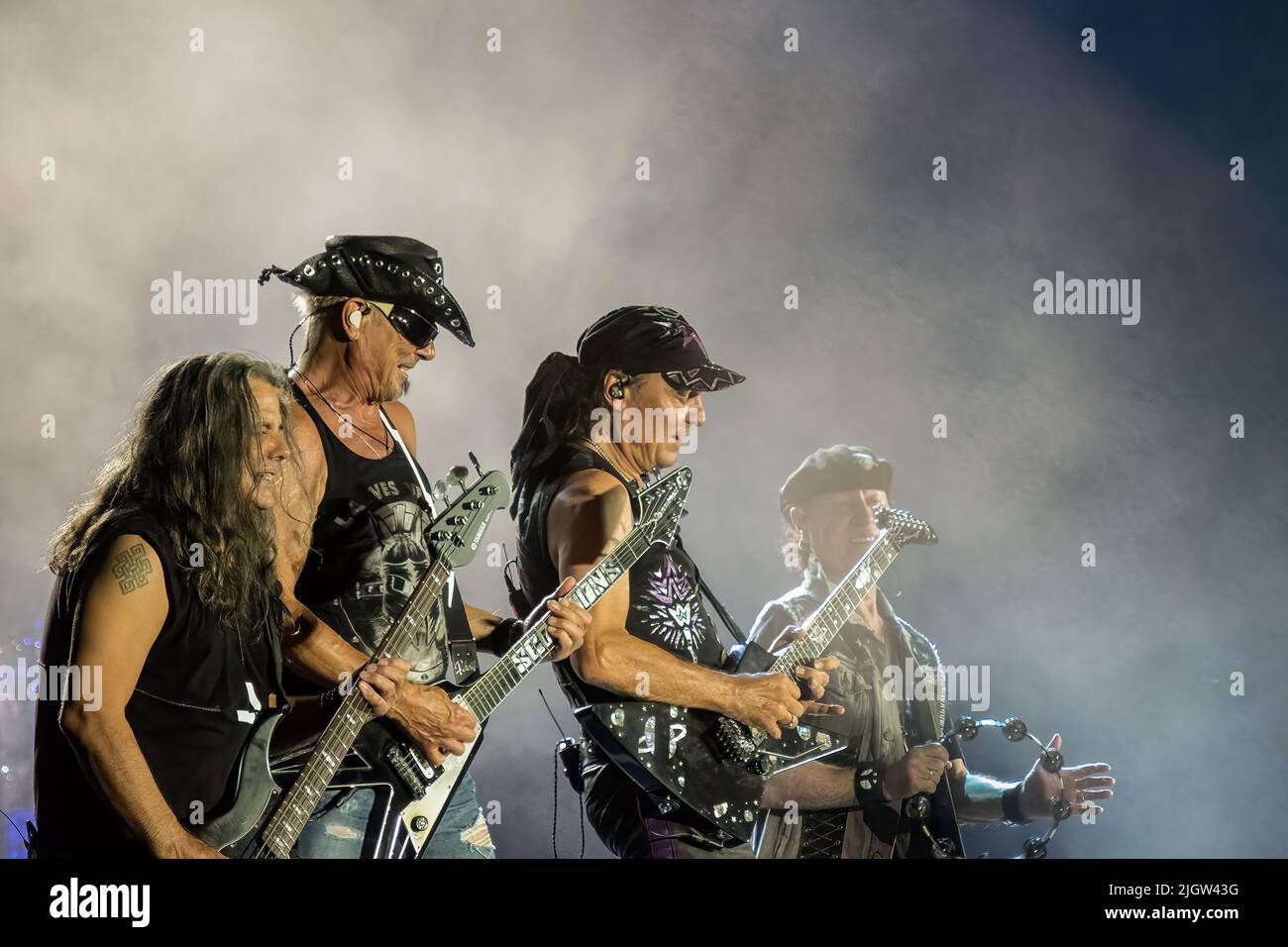 Athens, Greece 6 July 2022. Scorpions rock band close up view on stage in Greece. Stock Photo