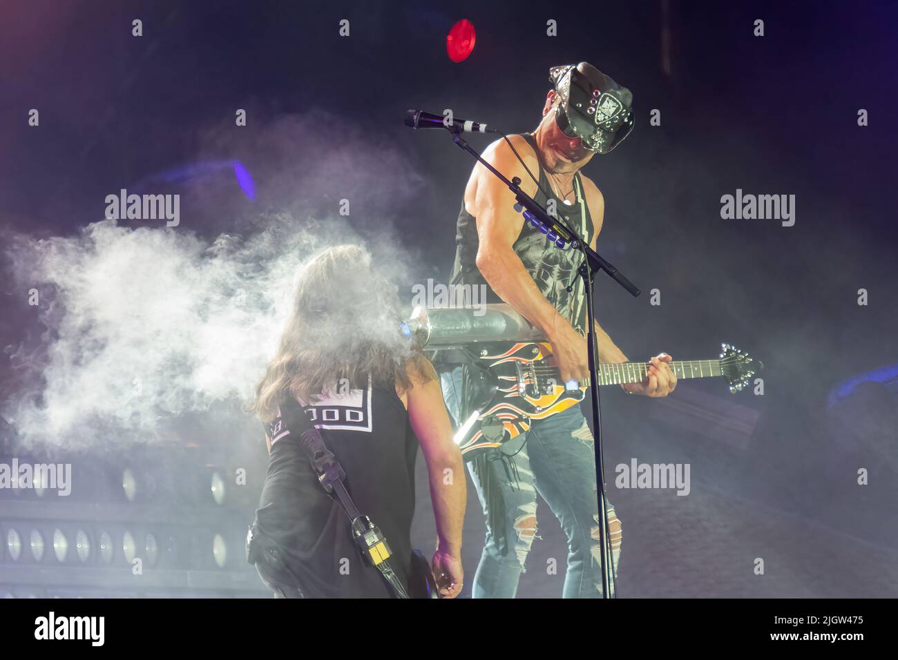 Athens, Greece 6 July 2022. Rudolf Schenker in actions from the show of Scorpions in Greece. Stock Photo