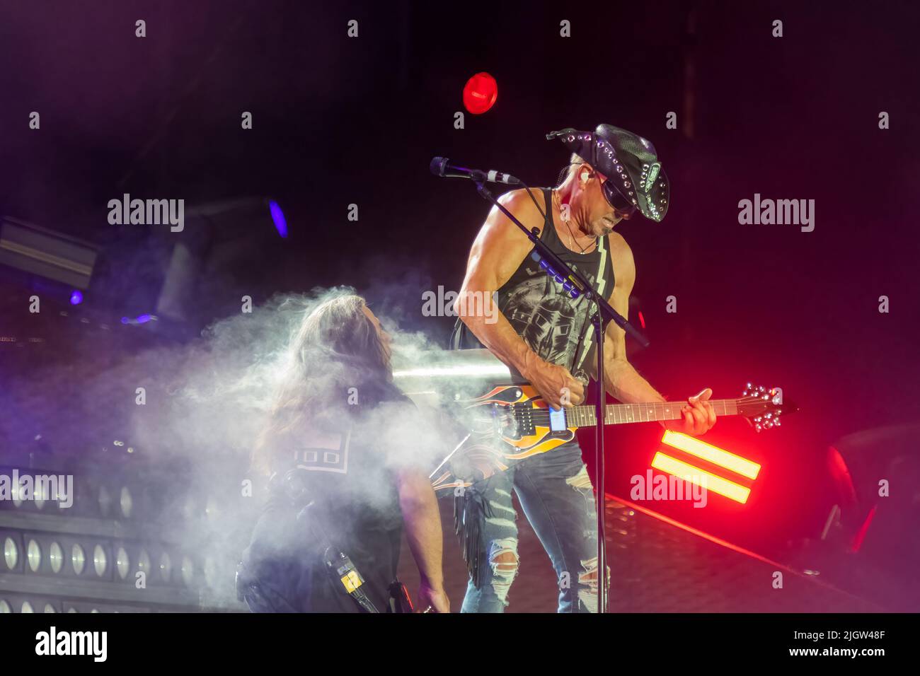 Athens, Greece 6 July 2022. Rudolf Schenker in actions from the show of Scorpions in Greece. Close up view. Stock Photo