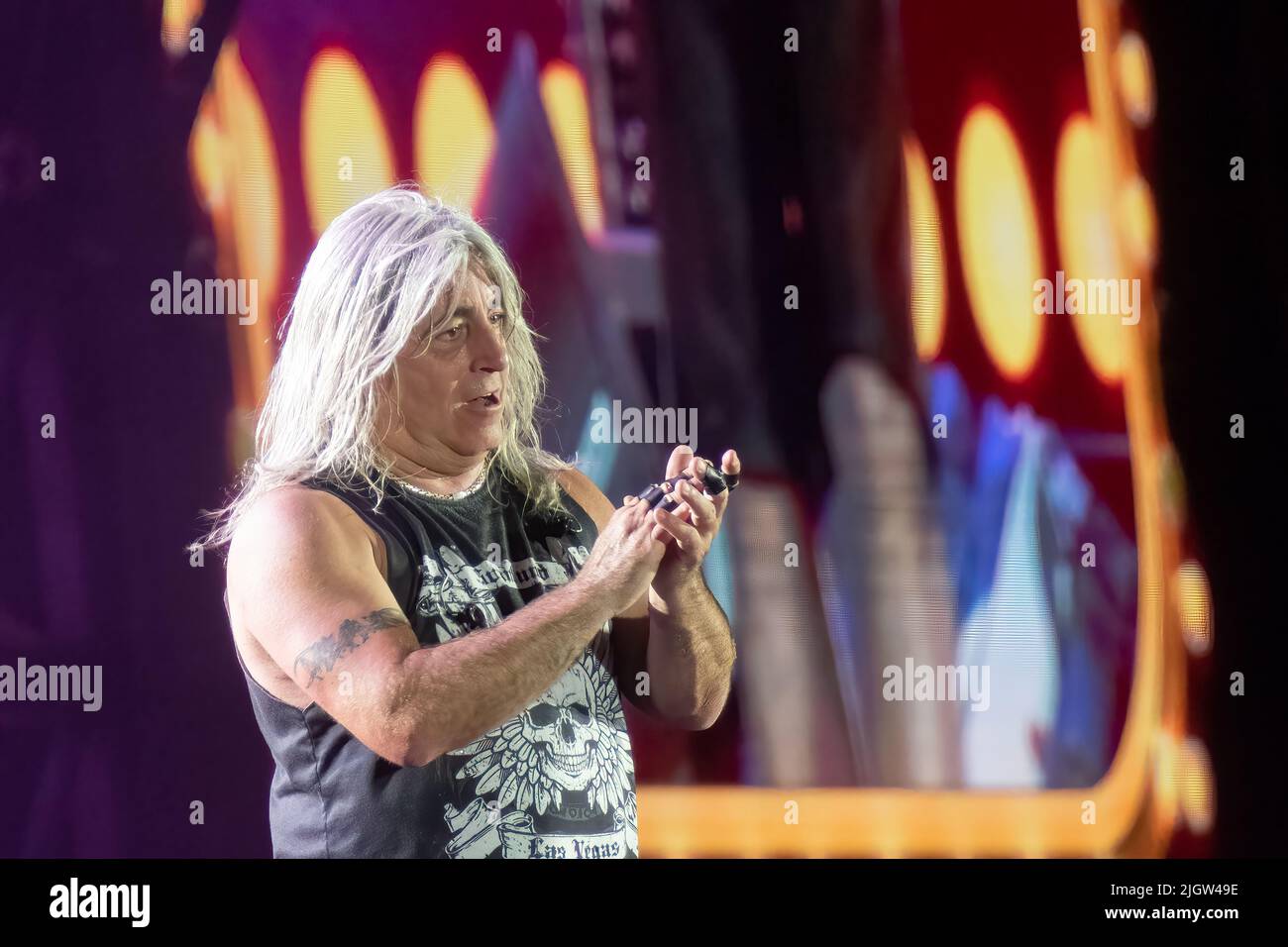 Athens, Greece 6 July 2022. Mikkey Dee congratulating the audience after the show. Stock Photo
