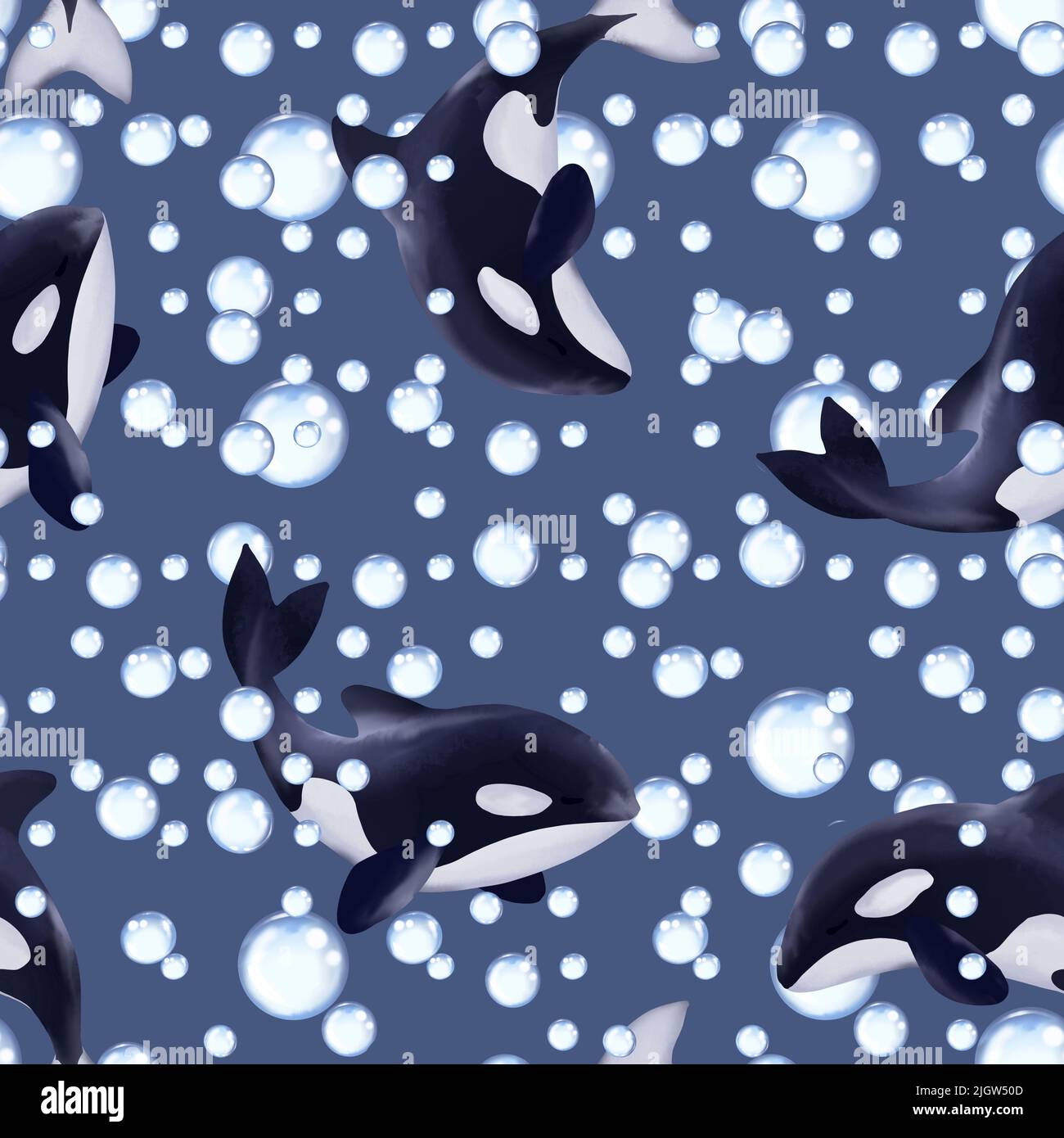 Seamless pattern of killer whales. Background with cartoon orcas Stock