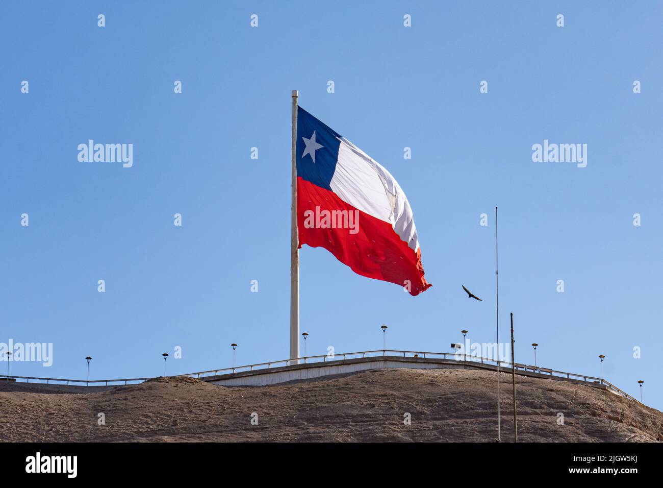 A giant Chilean flag flies on top of the El Morro hill overlooking the city of Arica, Chile. Stock Photo