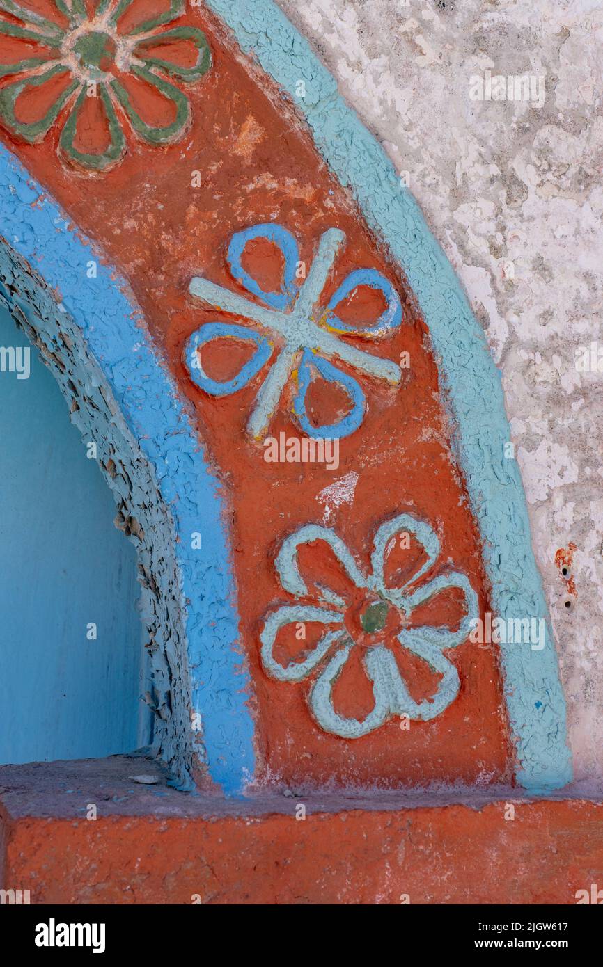 Painted detail of the Church of the VIrgin of the Nativity in the village of Parinacota in Chile. Stock Photo