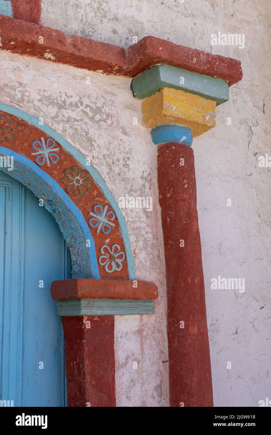 Painted detail of the Church of the VIrgin of the Nativity in the village of Parinacota in Chile. Stock Photo