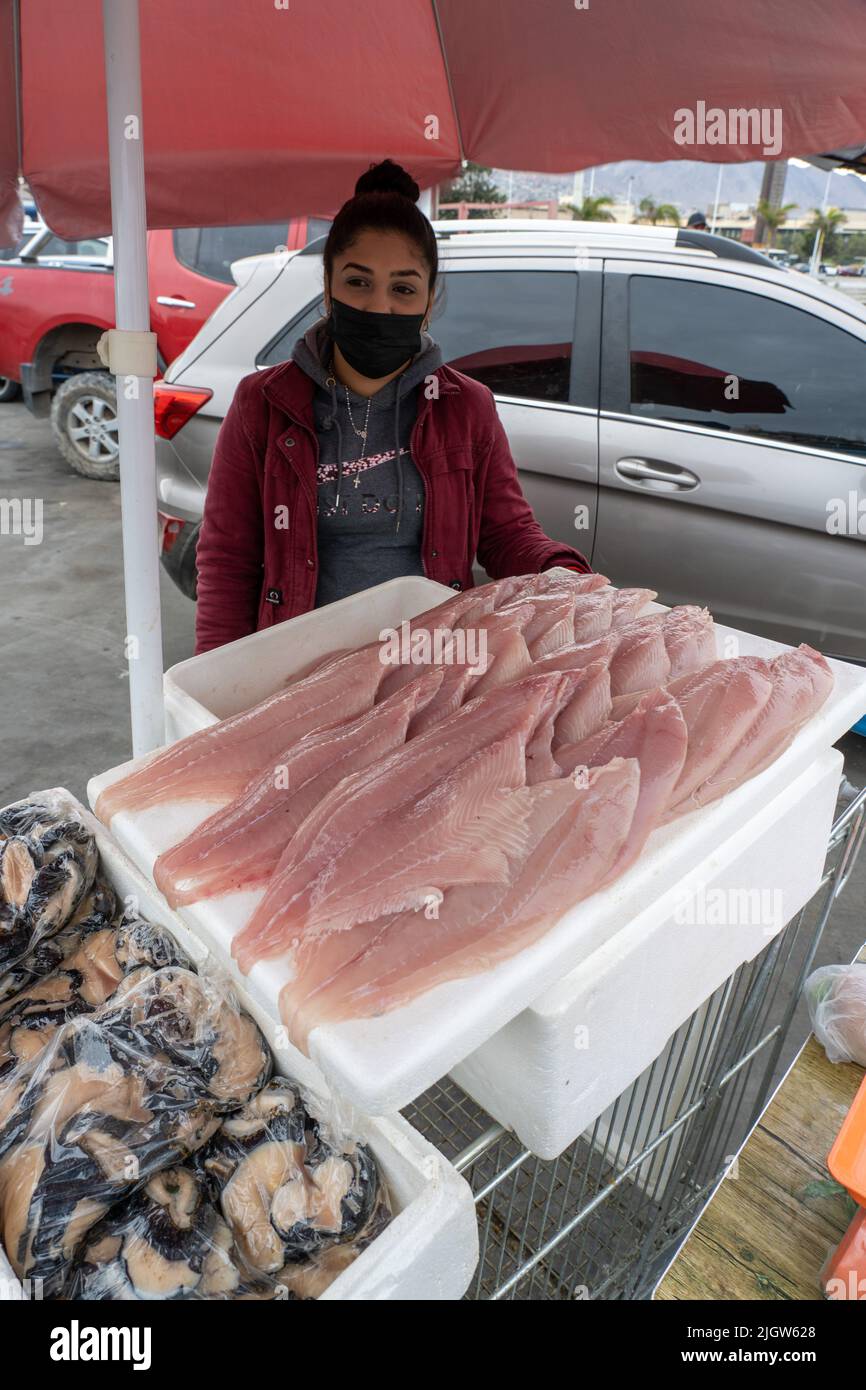 A woman sells fresh fish fillets at a dockside market by the fishing