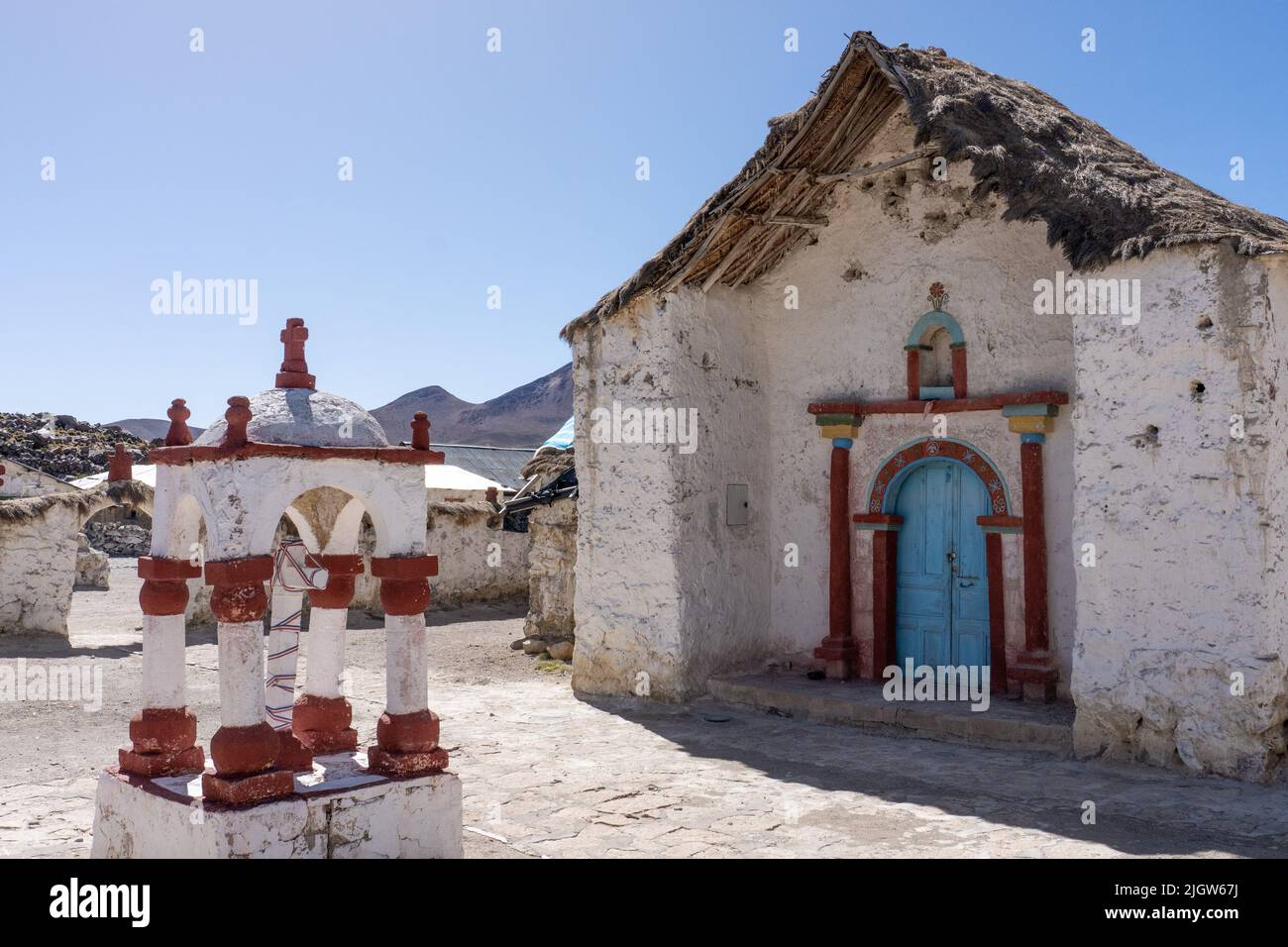 The Church of the Virgin of the Nativity in Parinacota on the Andean altiplano in Lauca National Park in Chile. Stock Photo