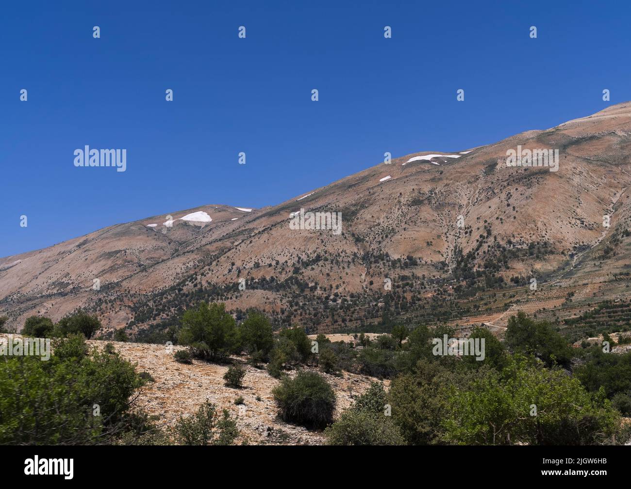 Patches of snow in the mountain, North Governorate, Daher el Kadib, Lebanon Stock Photo