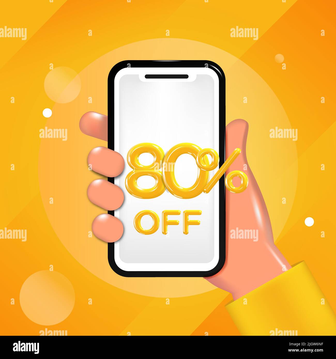 80 or Eighty percent off design. Hand holding a mobile phone with an offer message. Special discount promotion, sale poster template. Vector illustrat Stock Vector