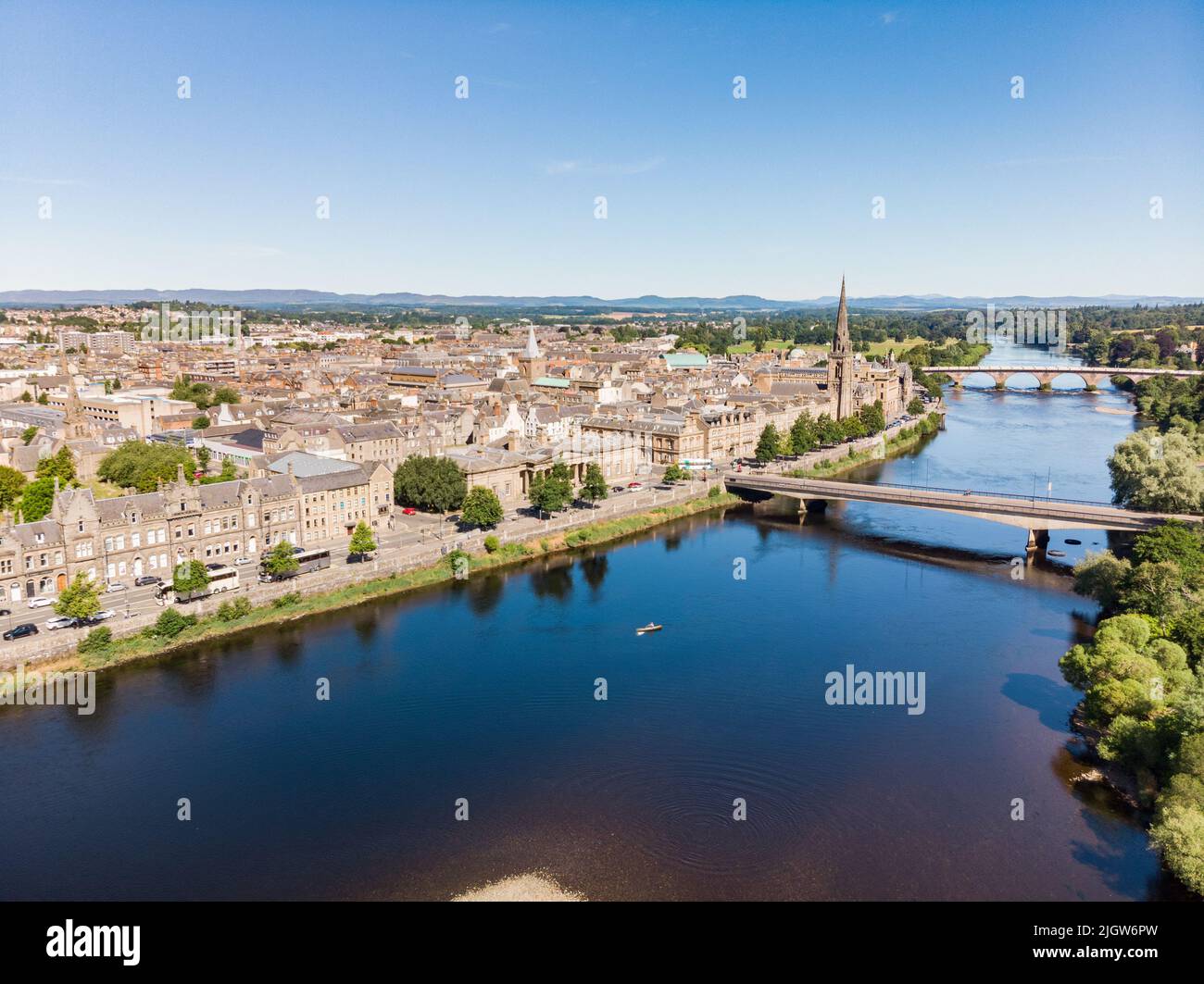 Aerial view of City of Perth and River Tay on a beautiful summer day in Scotland, United Kingdom Stock Photo