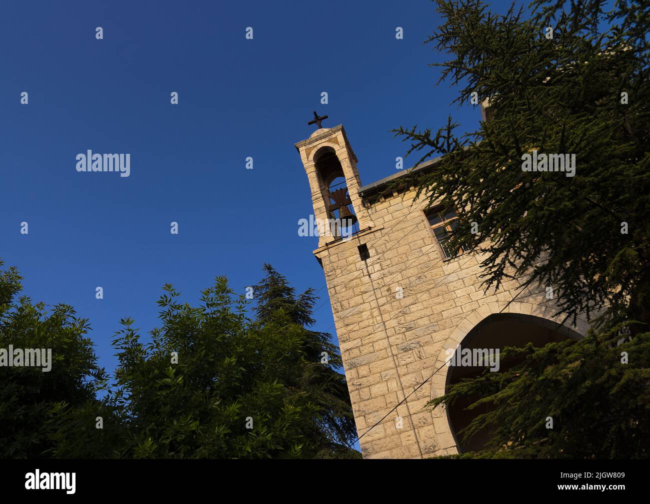 Church bell tower, Mount Lebanon Governorate, Ain Zhalta, Lebanon Stock Photo