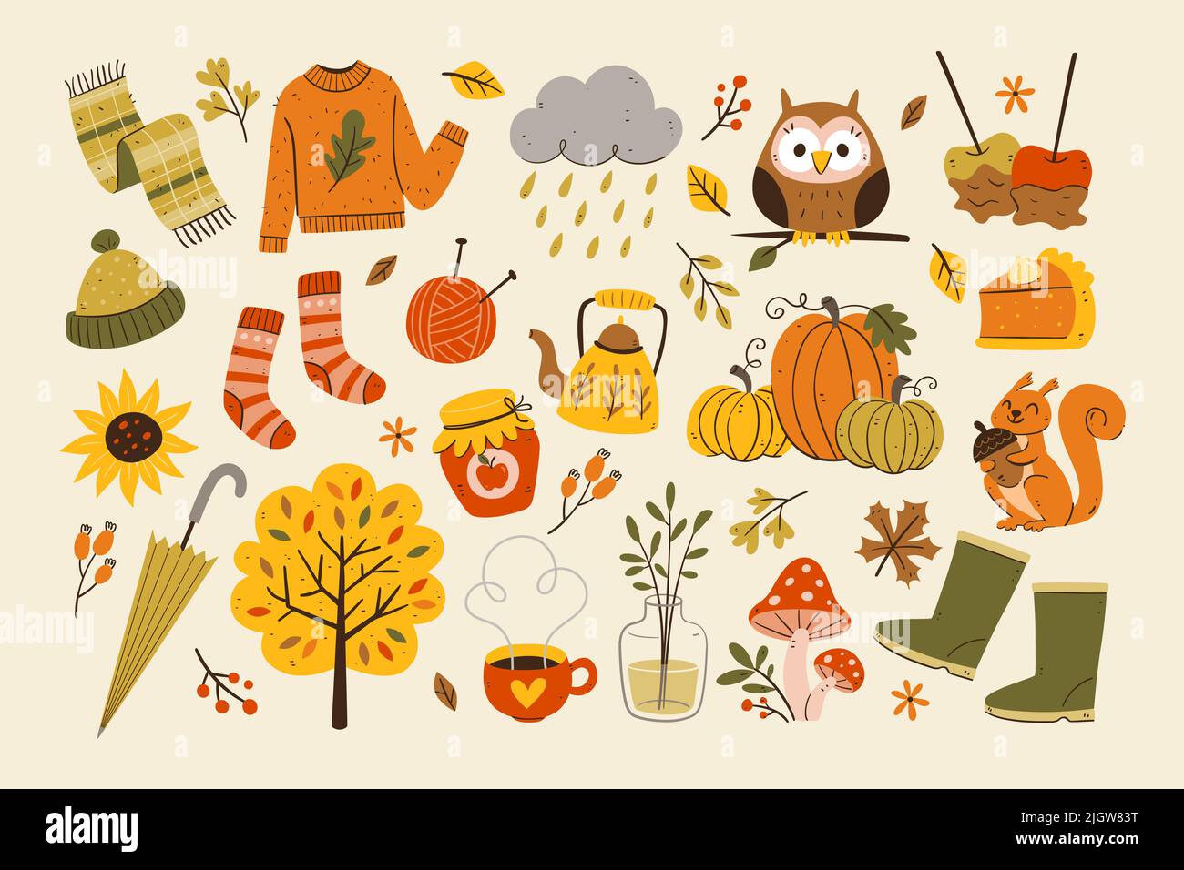 Cute autumn objects isolated. Collection of seasonal things like