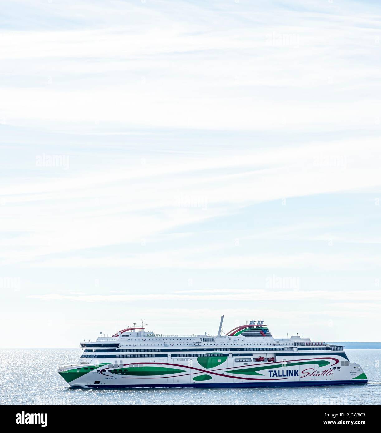 The Tallink ropax ferry m/s Megastar in the Gulf of Finland on a summer day. Room for text. Stock Photo