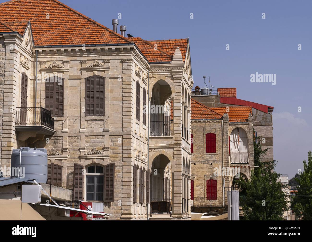 Old traditional lebanese houses with triple arches, Beqaa Governorate, Zahle, Lebanon Stock Photo