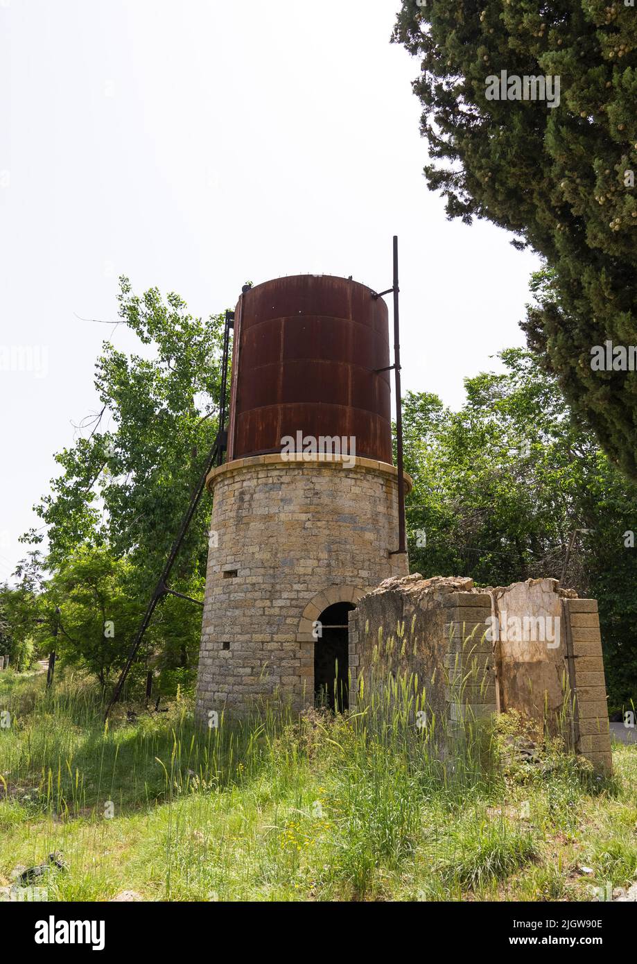 Water tank in abandonned train station, Mount Lebanon Governorate, Sawfar, Lebanon Stock Photo
