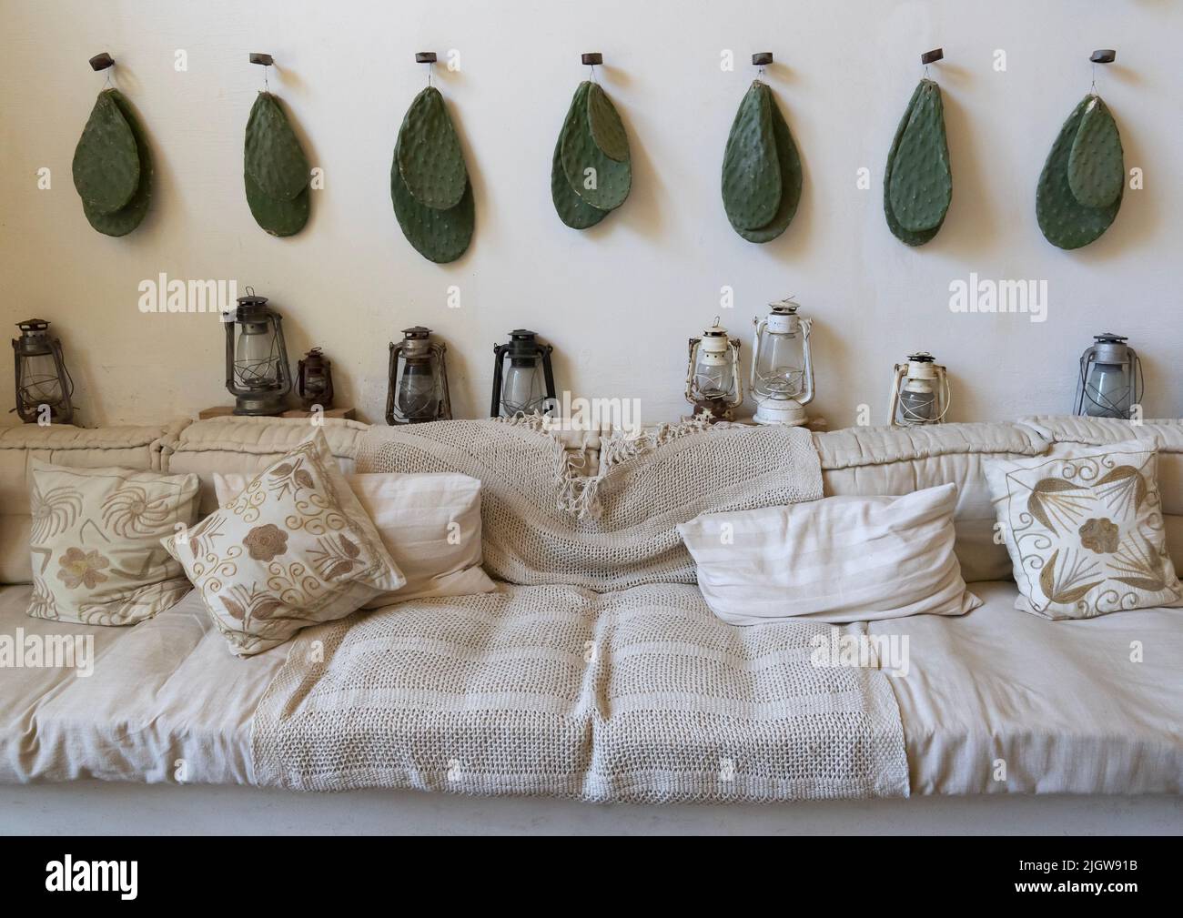 Decoration with cactus in Blue marlin hotel, North Governorate, Batroun, Lebanon Stock Photo