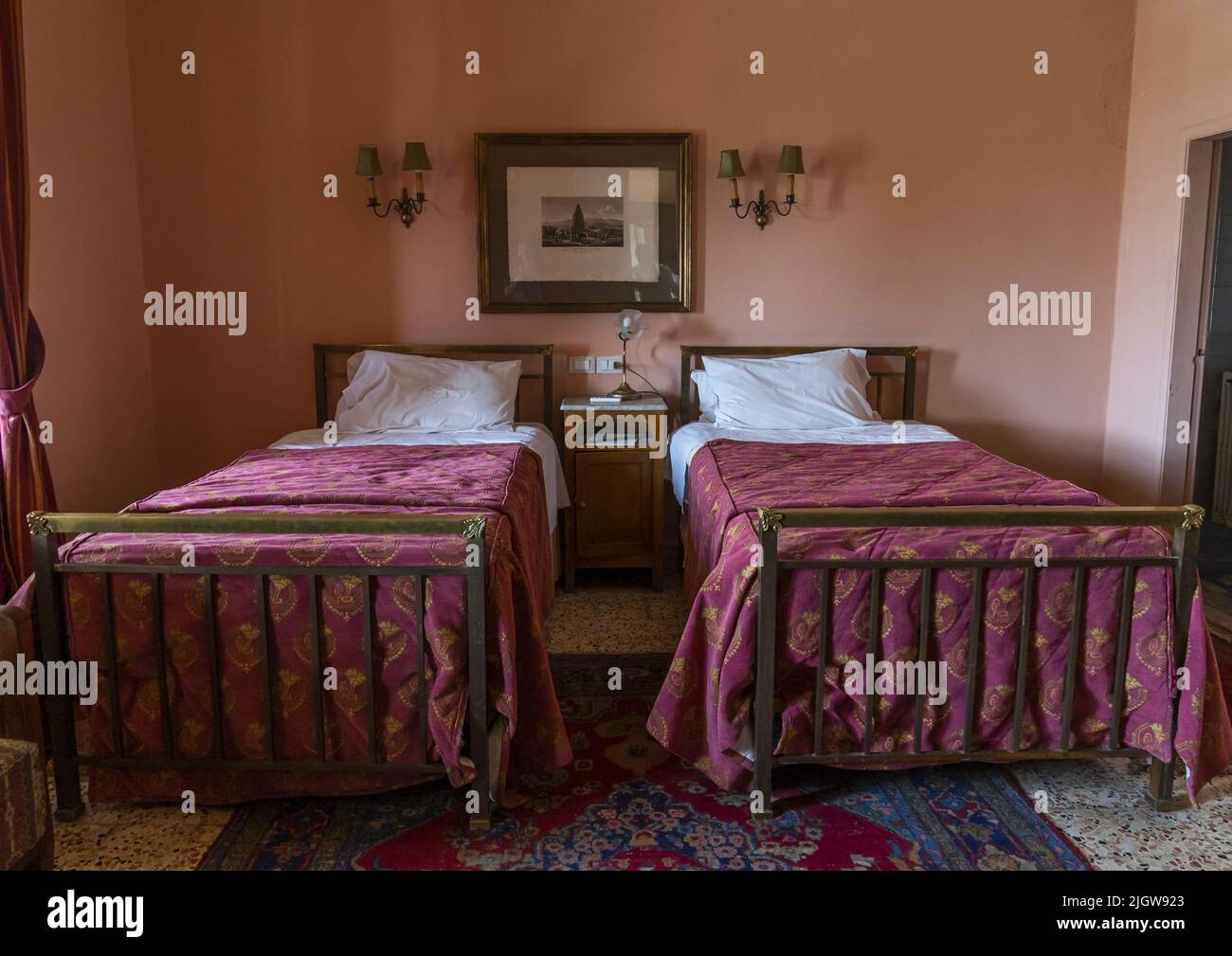 Bedroom in Palmyra hotel, Baalbek-Hermel Governorate, Baalbek, Lebanon Stock Photo