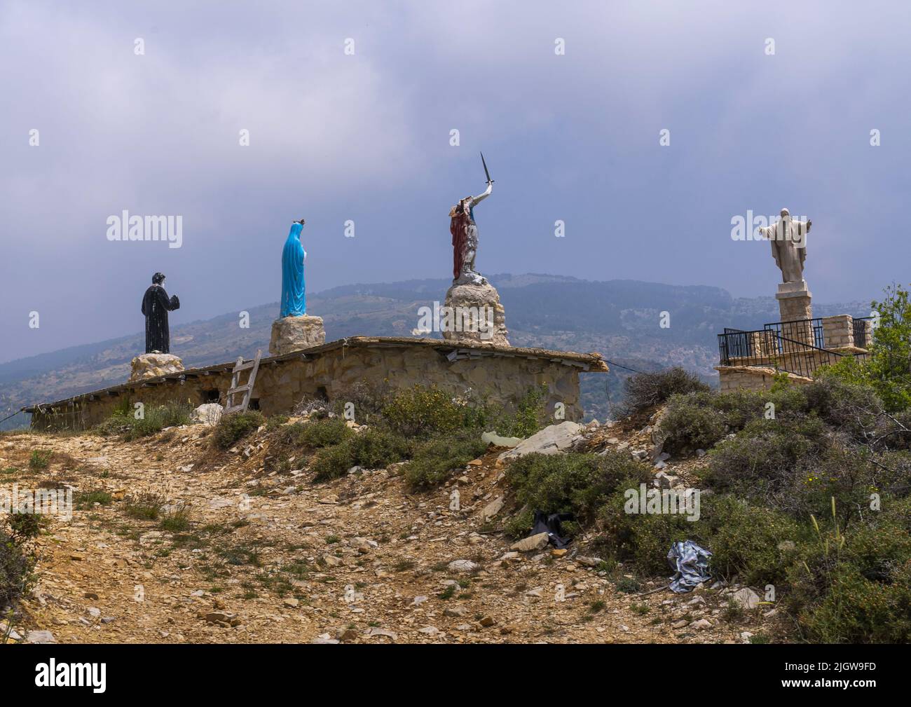 Christian statues at the top of the mountain, North Lebanon Governorate, Hardine, Lebanon Stock Photo