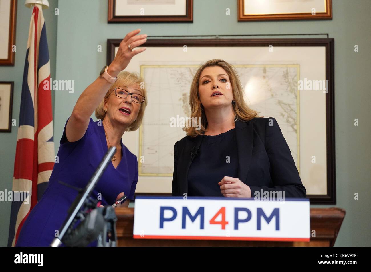 Penny Mordaunt, with Dame Andrea Leadsom (left), at the launch of her campaign to be Conservative Party leader and Prime Minister, at the Cinnamon Club, in Westminster, London. Picture date: Wednesday July 13, 2022. Stock Photo