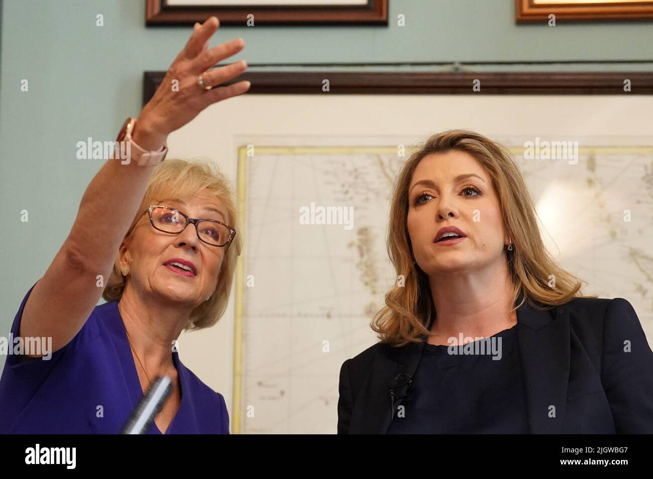 Penny Mordaunt, with Dame Andrea Leadsom (left), at the launch of her campaign to be Conservative Party leader and Prime Minister, at the Cinnamon Club, in Westminster, London. Picture date: Wednesday July 13, 2022. Stock Photo