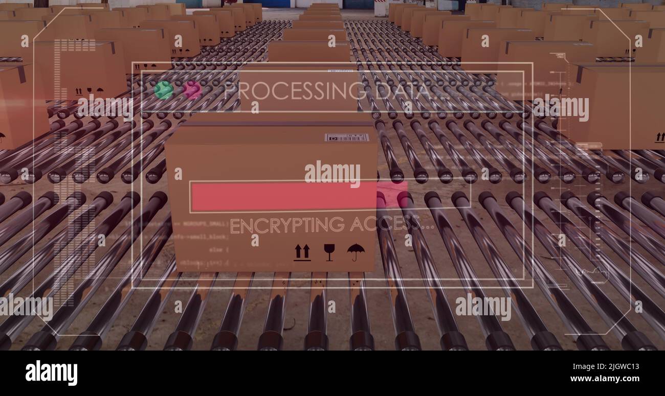 Image of data processing over cardboard boxes on conveyor belts Stock Photo