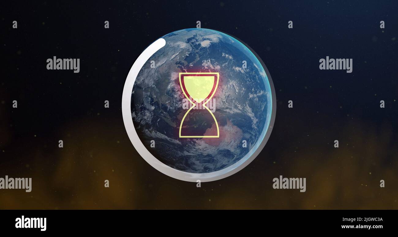 Image of loading hourglass and circle icon over globe Stock Photo
