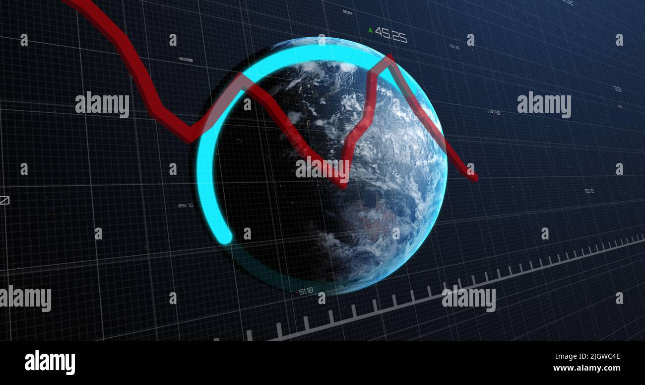 Image of red line recording and data processing over globe Stock Photo