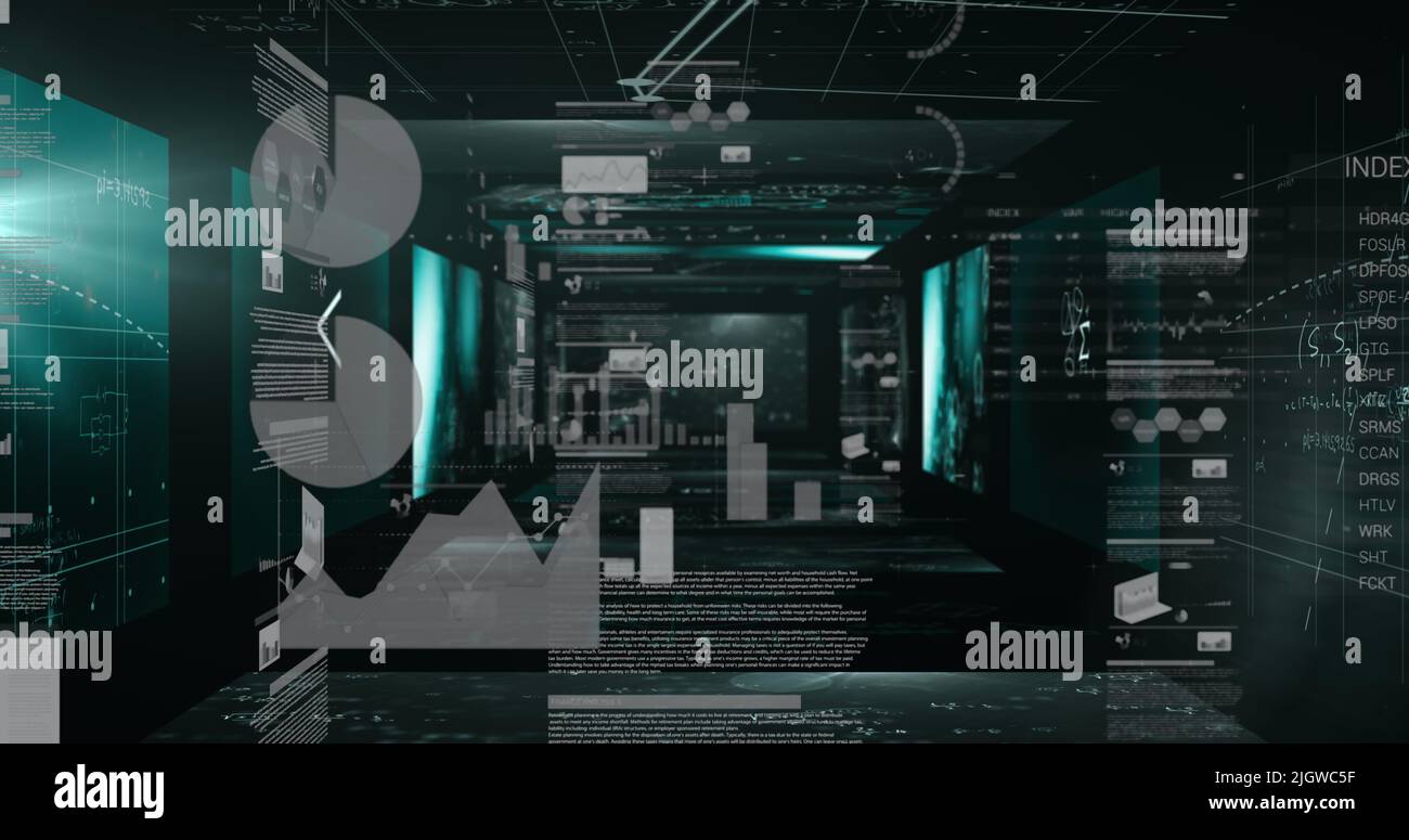 Image of statistics and data processing on screens Stock Photo