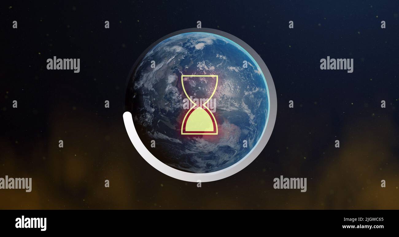 Image of loading hourglass and circle icon over globe Stock Photo