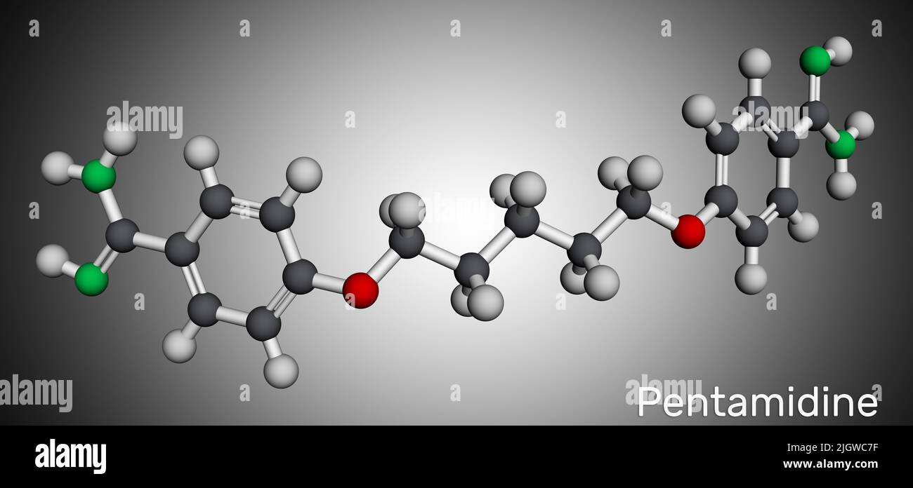 Pentamidine molecule. It is antimicrobial, antifungal drug. Used to treat Pneumocystis pneumonia in patients infected with HIV. Molecular model. 3D re Stock Photo