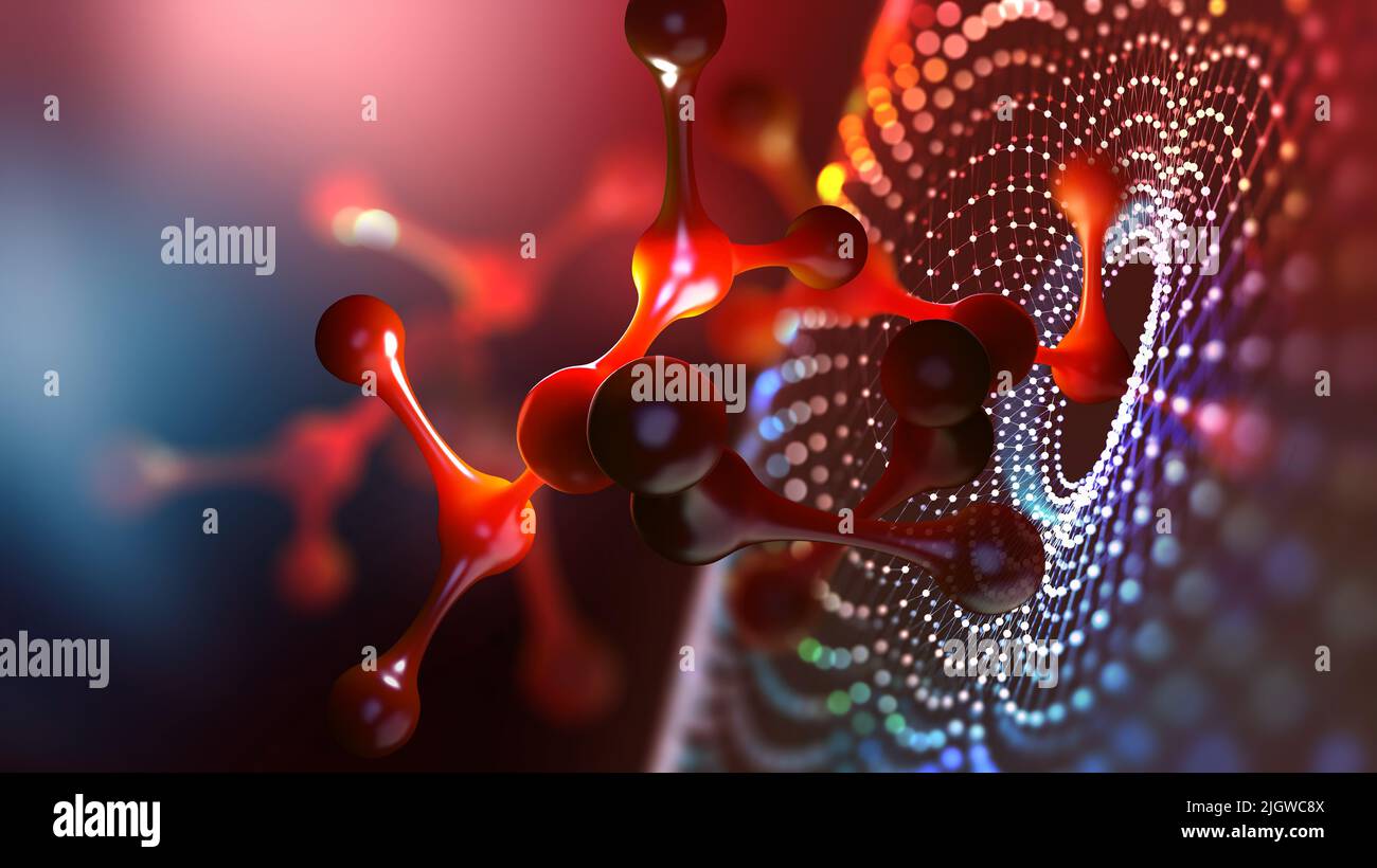 Molecule 3D illustration. Laboratory, molecules, crystal lattice. Nanotech research in biochemistry, chemistry, biology, microbiology Stock Photo