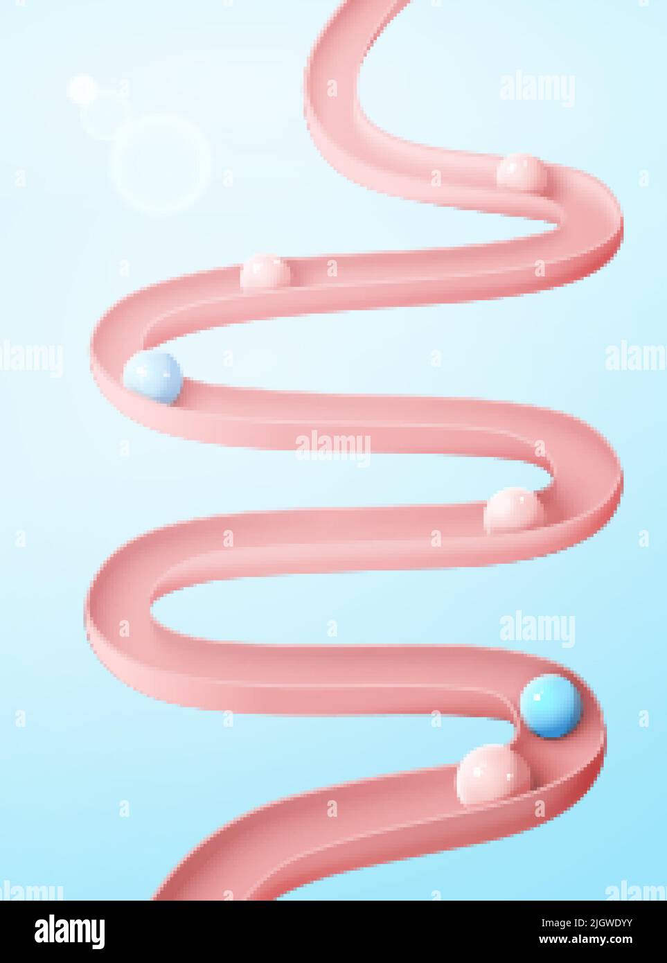 3d pink gut model or intestinal tract mock-up with balls rolling down. Body organ model isolated on light blue background. Concept of healthy digestiv Stock Vector