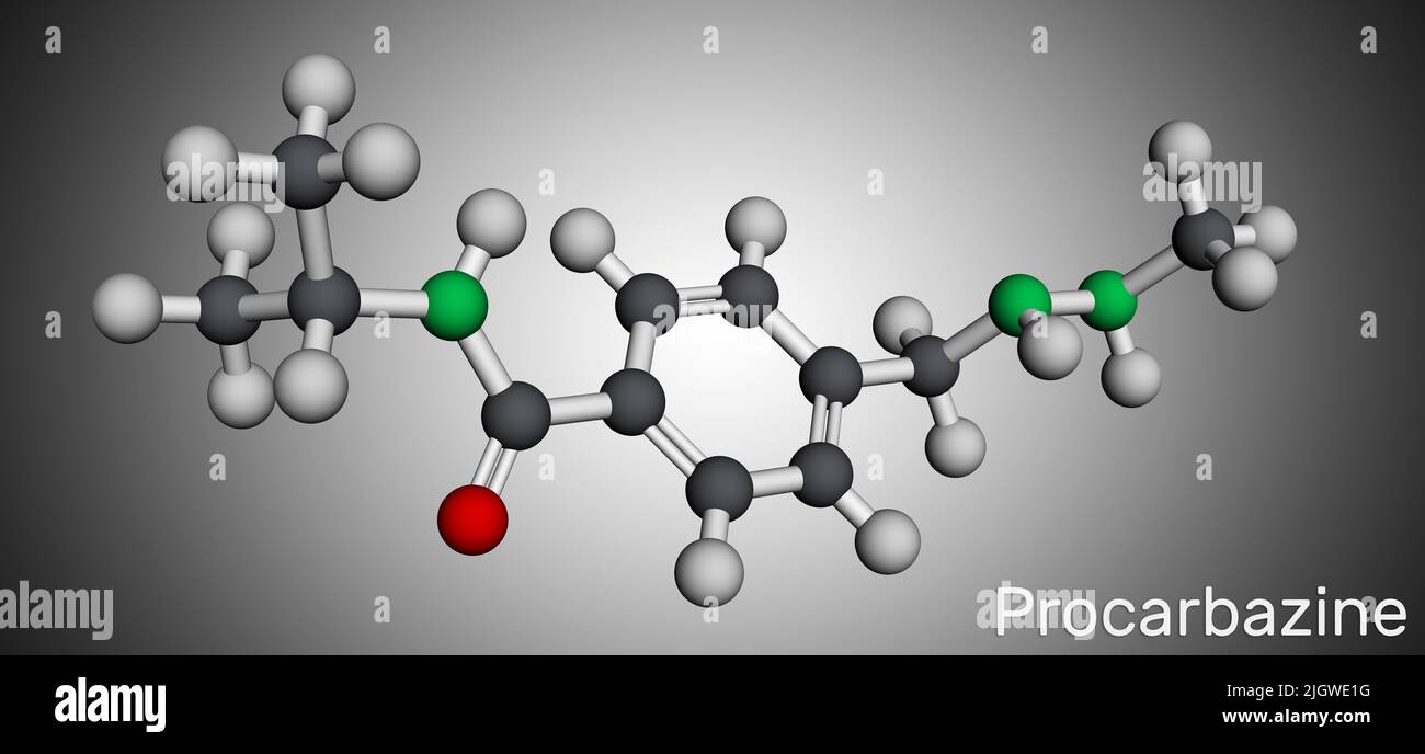 Procarbazine chemotherapy medication molecule. It is used in therapy of Hodgkin's lymphoma, malignant melanoma. Molecular model. 3D rendering. Illustr Stock Photo