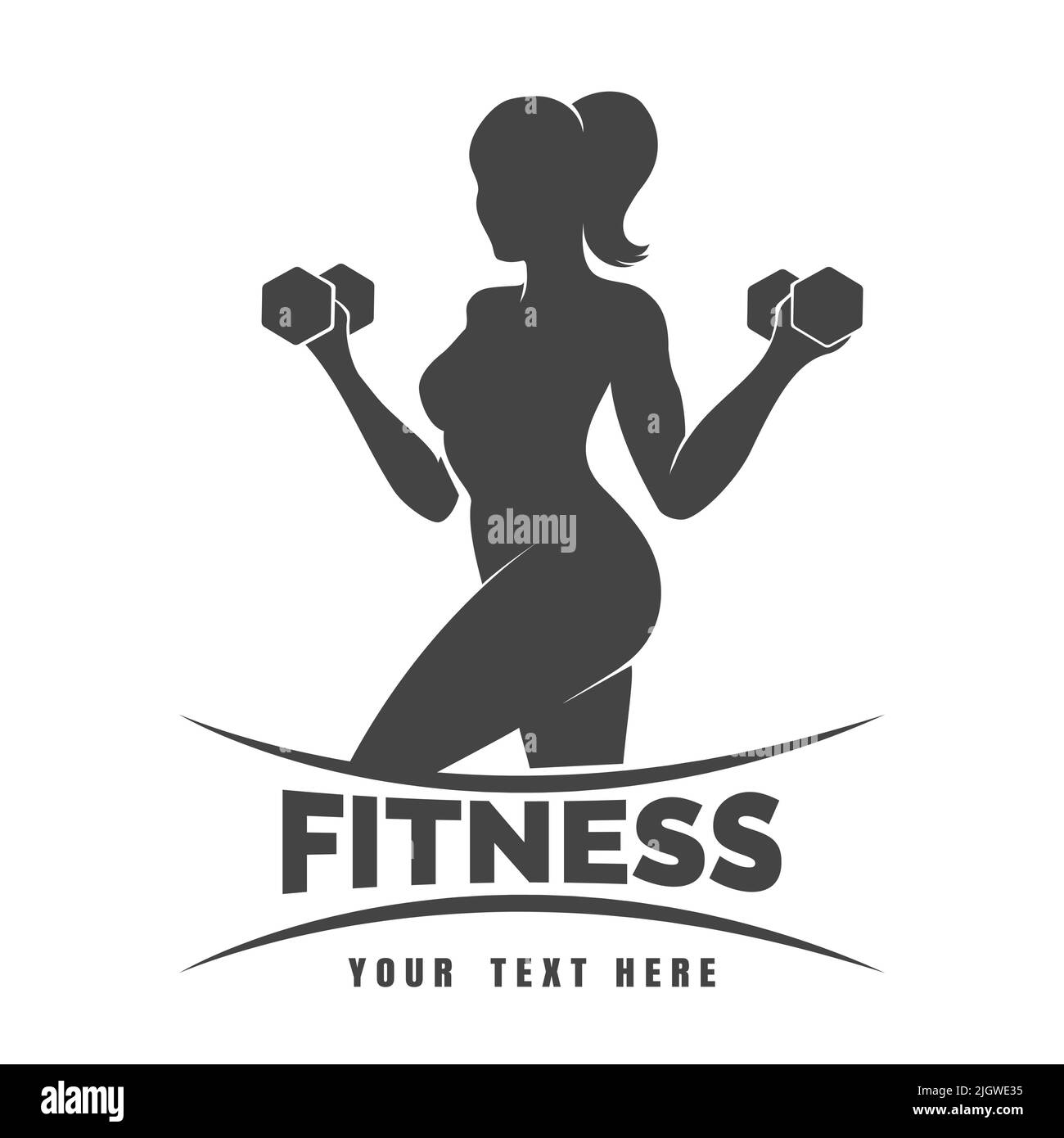 Fitness club logo or emblem with woman holds dumbbells. Isolated on white background. Stock Vector